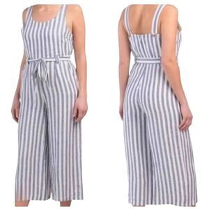 Rachel Zoe Women's White & Blue Linen Striped Romper with Pockets, Sash & Adjust